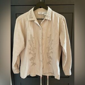 💕🌿 Vintage Tabi Int’l Beige Embroidered Linen Cotton Button Down Shirt M EUC